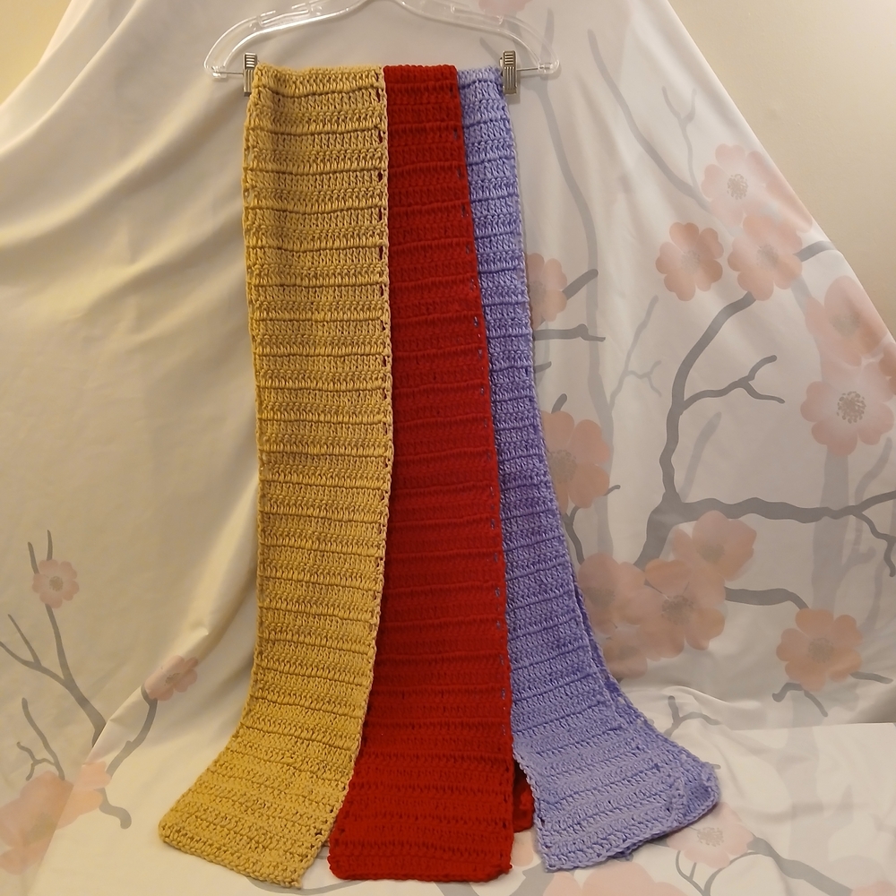 Handmade Colorblock Crochet Scarf - Mustard, Red & Lavender